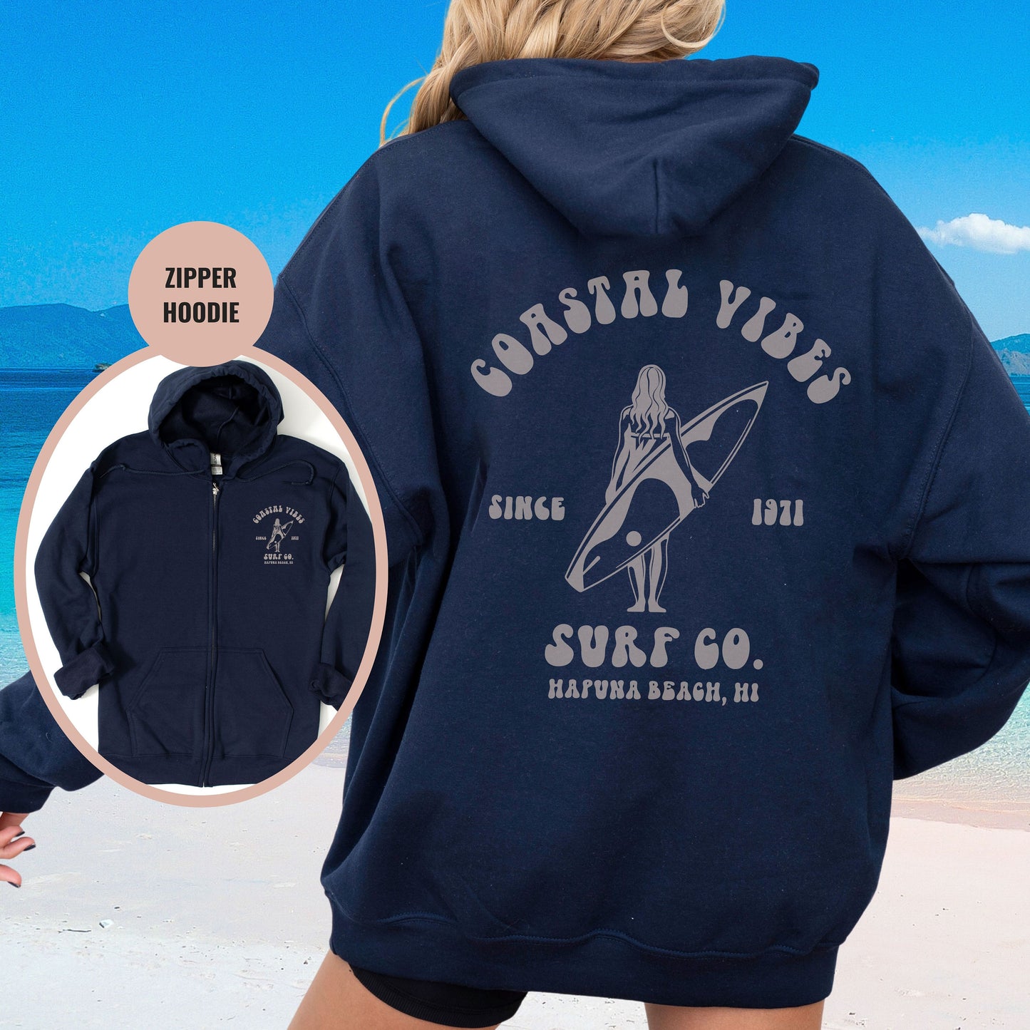 Custom Hapuna Beach Zip Hoodie, Hawaiian Cruise, Zipper Sweatshirt, Cruise Crew