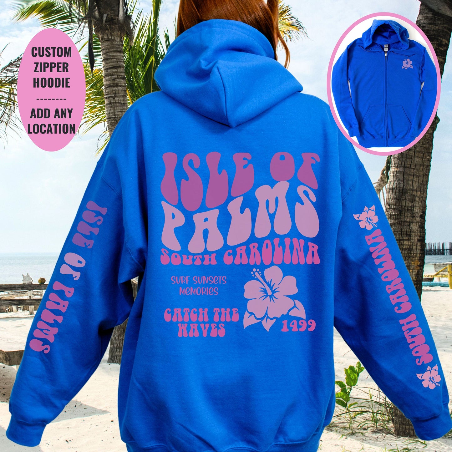 CUSTOM Isle Of Palms Zipper Hoodie | Trendy Beach Gift | Coconut Girl Aesthetic | Personalized South Carolina Hoodie | Cruise gift for her