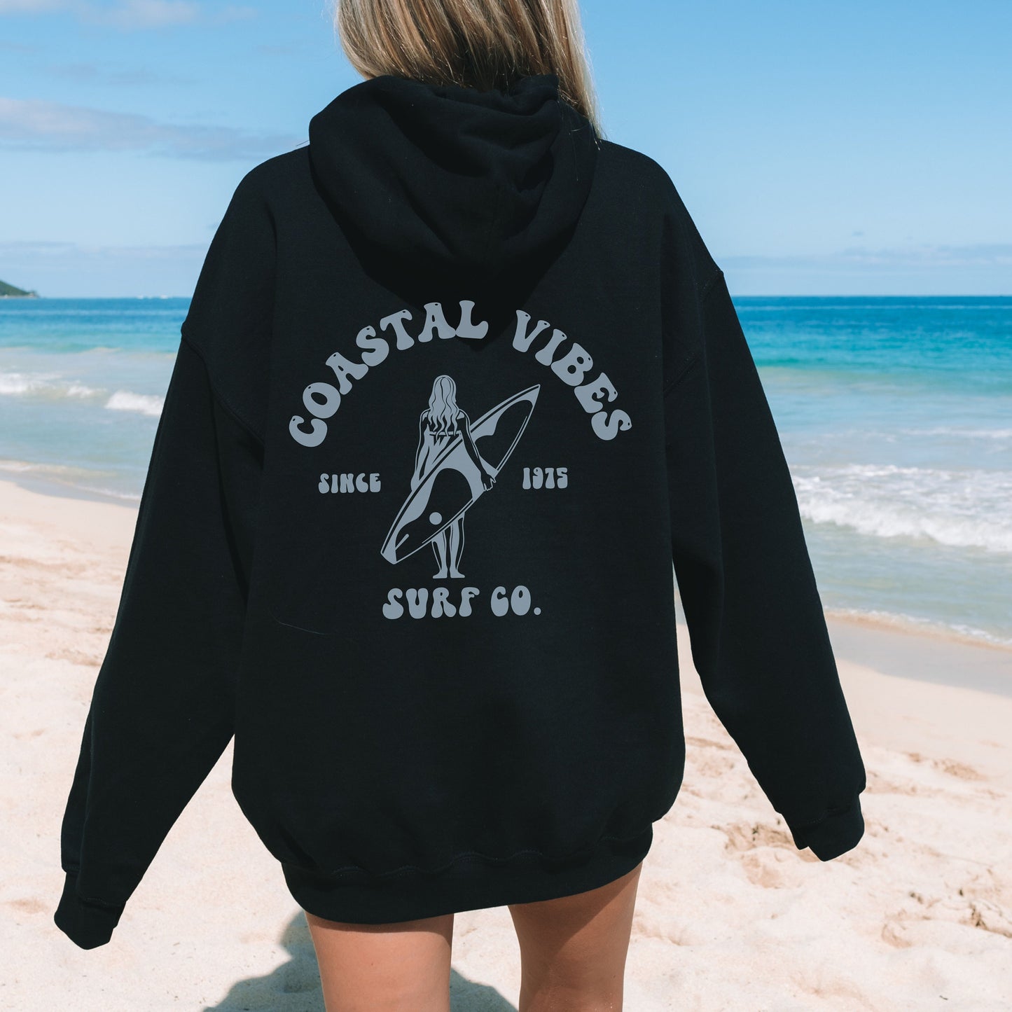 Coastal Vibes hoodie (back design) Surfer girl, Beach sweatshirt, Trendy sweatshirt, Surfboard Hoodie, Beach Bum, Beach Day, Surf shirt