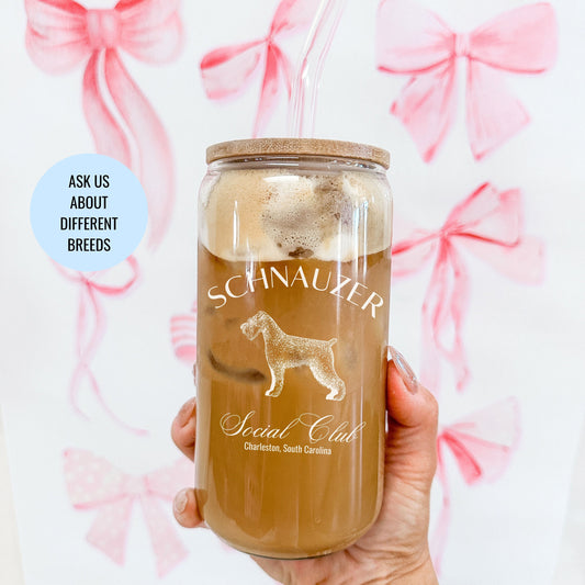 Schnauzer Cup | Dog Mama Gifts | Dog Grandma Gift | Cute Birthday Gifts for her | Social Club Glass Can | Small Dog Breed | Fun Dog Mug